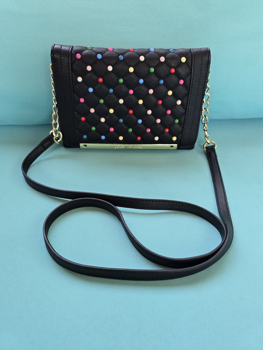 Betsey Johnson Black Quilted Crossbody with Multicolor Stud Accents